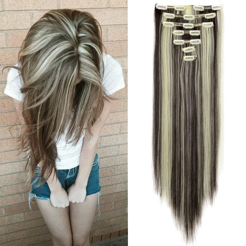 Lelinta 7Pcs Full Head 16 Clips in on Double Weft Hair Extensions, Dark Brown Mix Bleach Blonde Straight, 23inch 160g - Image 2